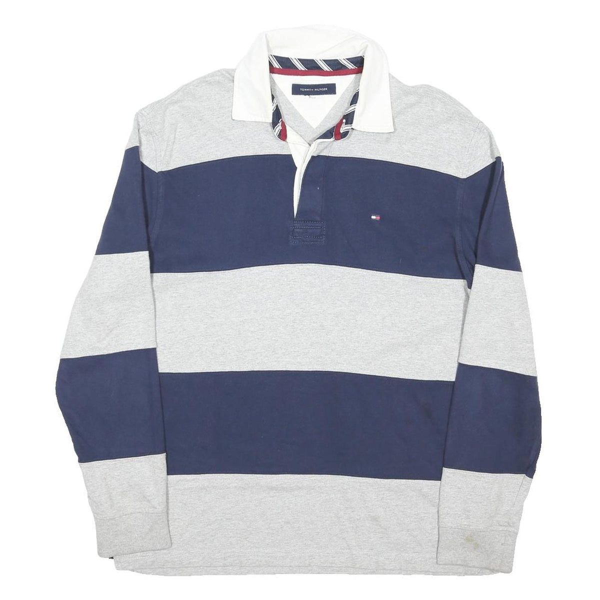 TOMMY HILFIGER Mens Blue & Grey Long Sleeve Striped XL Cotton Blend Polo Shirt
