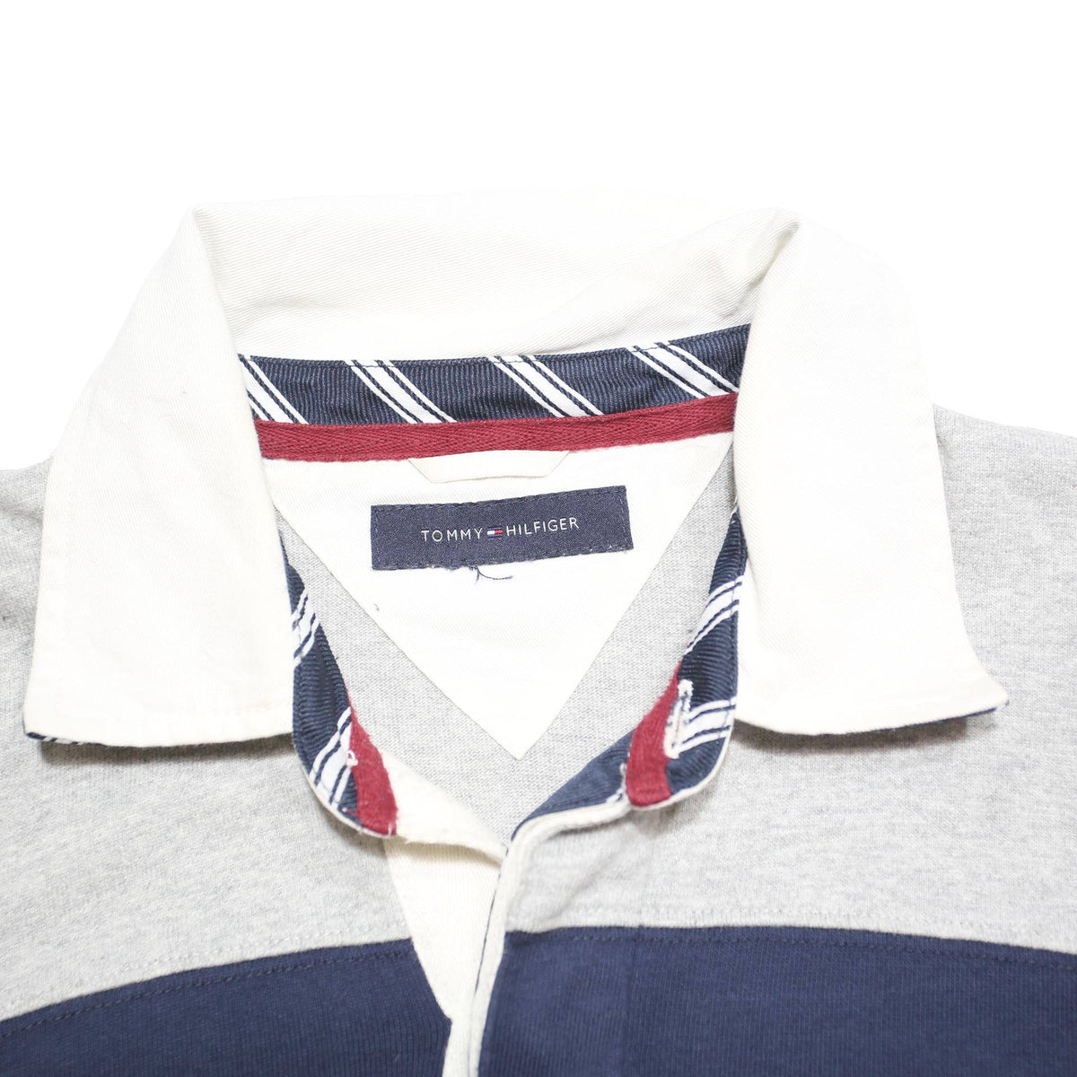 TOMMY HILFIGER Mens Blue & Grey Long Sleeve Striped XL Cotton Blend Polo Shirt