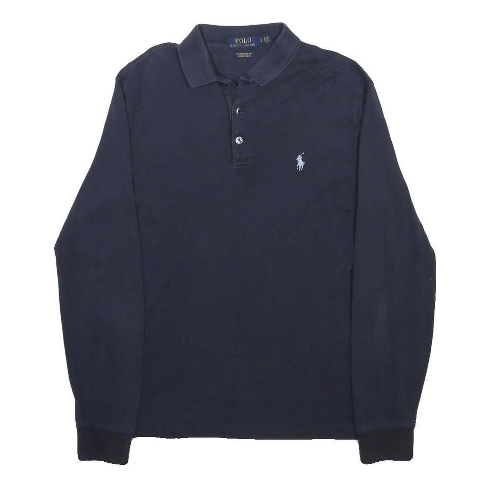 POLO RALPH LAUREN Mens Navy Blue Long Sleeve Plain S Cotton Blend Polo Shirt