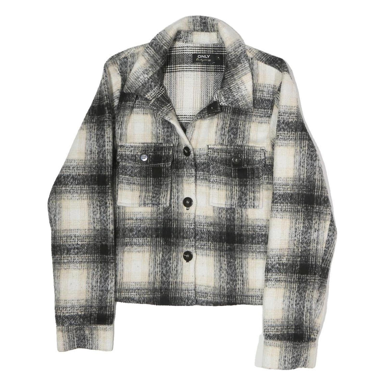 ONLY Mens Black & Cream Checked Jacket M Polyester Button Closure Classic Fit
