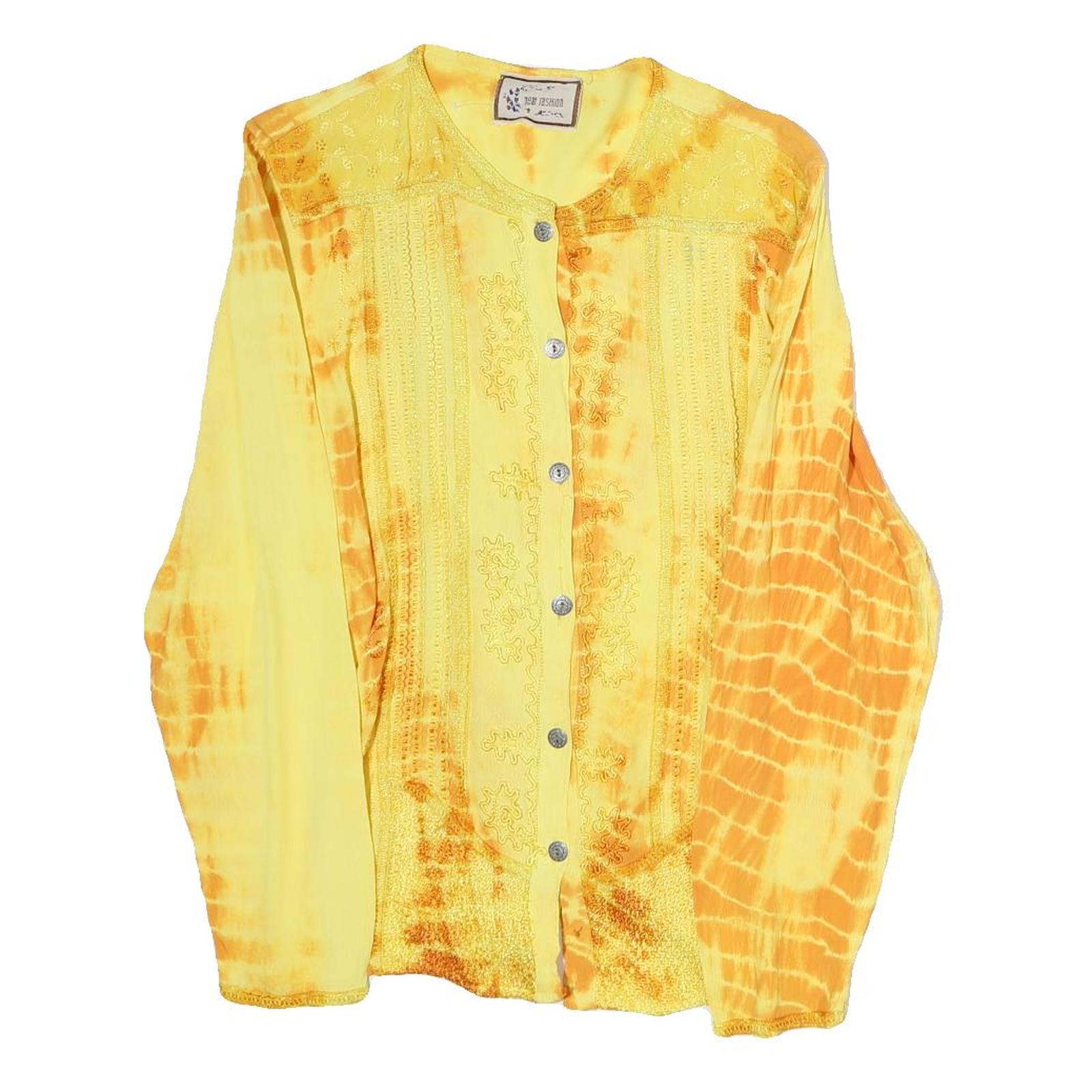 NEW FASHION Womens Yellow & Orange Printed Long Sleeve Round Neck Top L Button