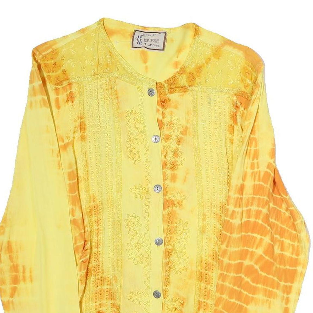 NEW FASHION Womens Yellow & Orange Printed Long Sleeve Round Neck Top L Button