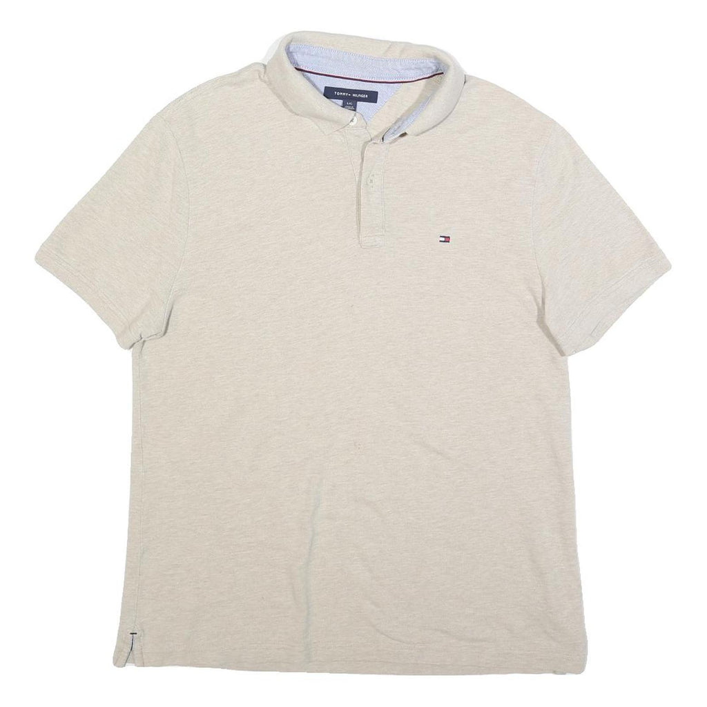 TOMMY HILFIGER Mens Beige Short Sleeve Plain Polo Shirt L Cotton Blend Casual