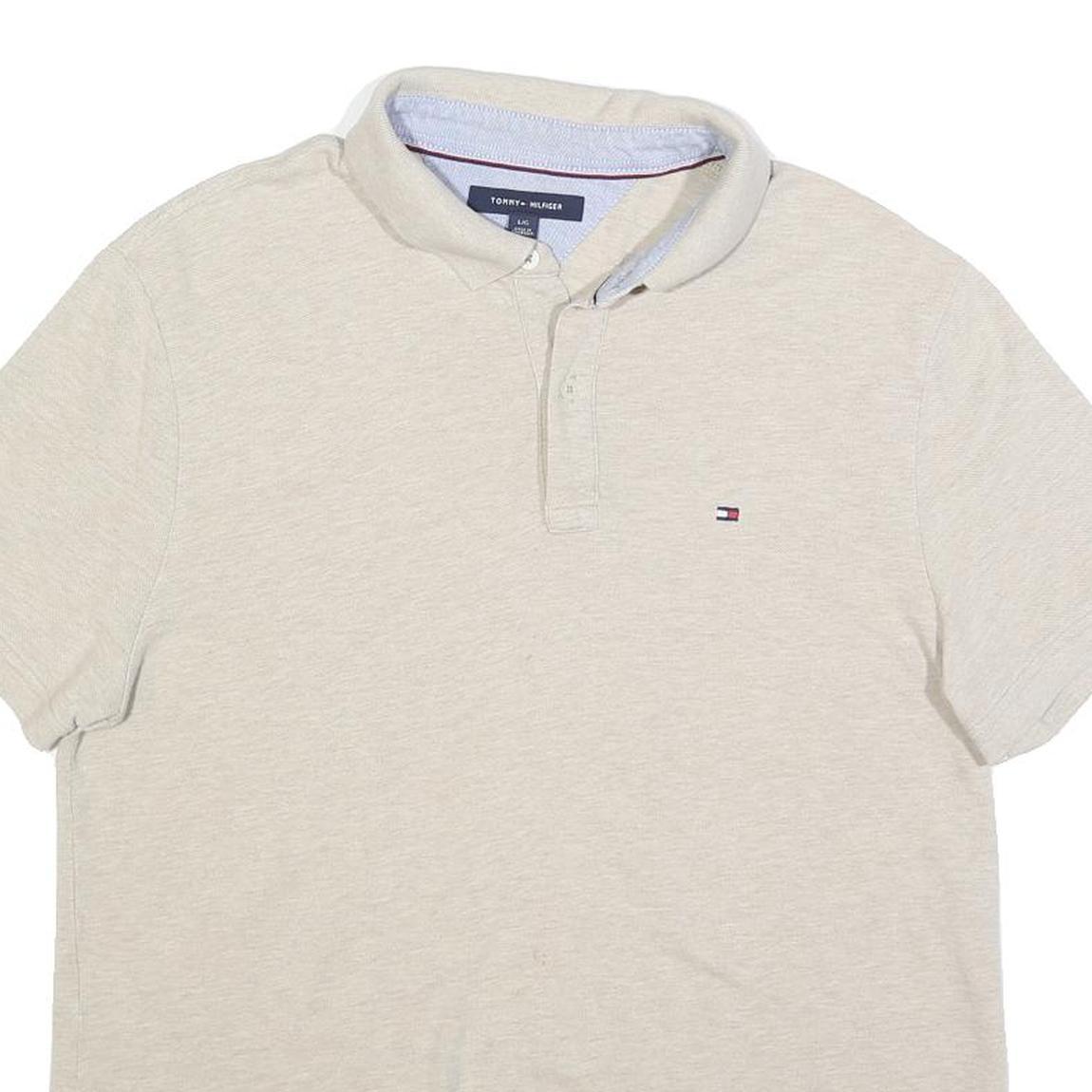 TOMMY HILFIGER Mens Beige Short Sleeve Plain Polo Shirt L Cotton Blend Casual