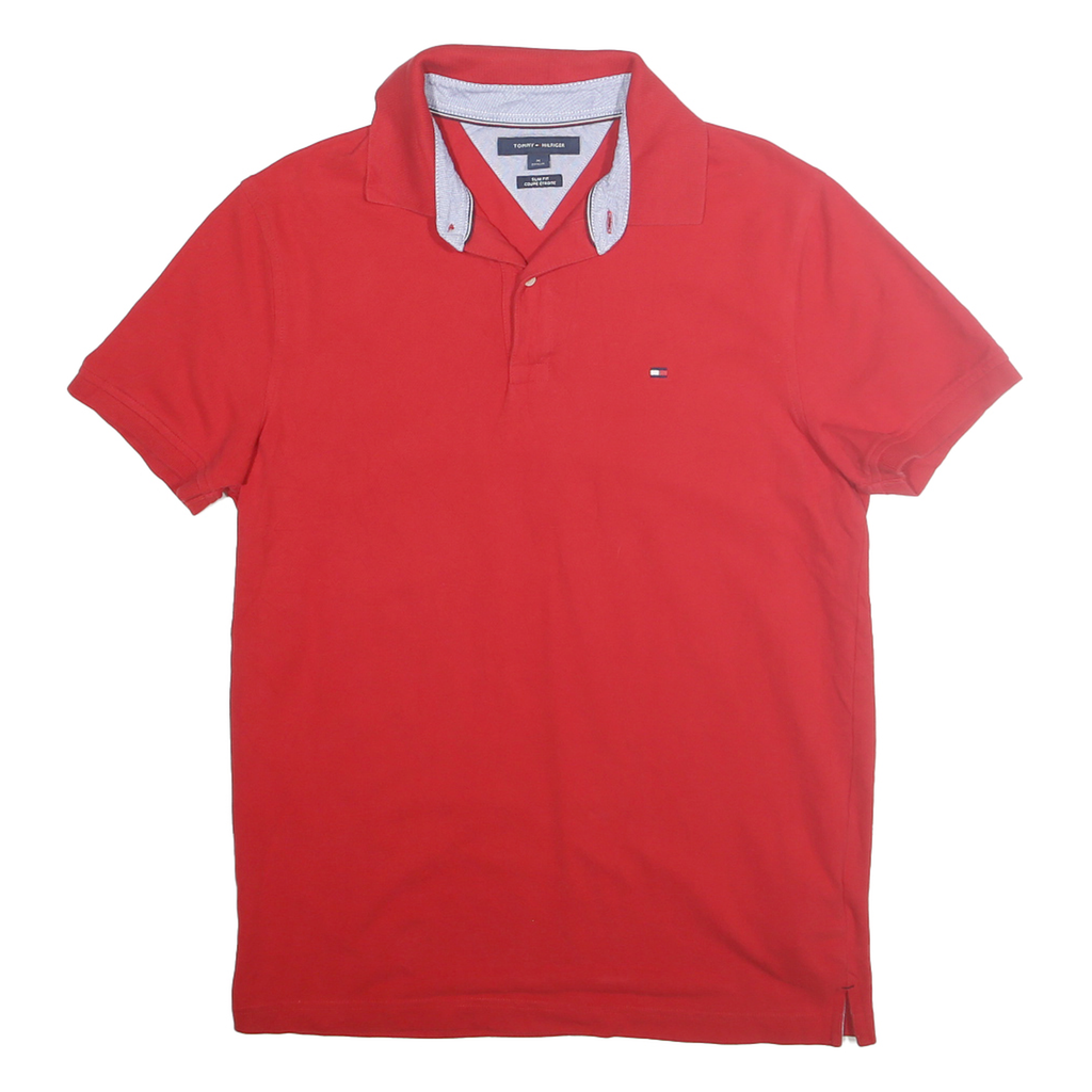 TOMMY HILFIGER Mens Red Polo Shirt Short Sleeve Slim Fit M Cotton Blend Casual