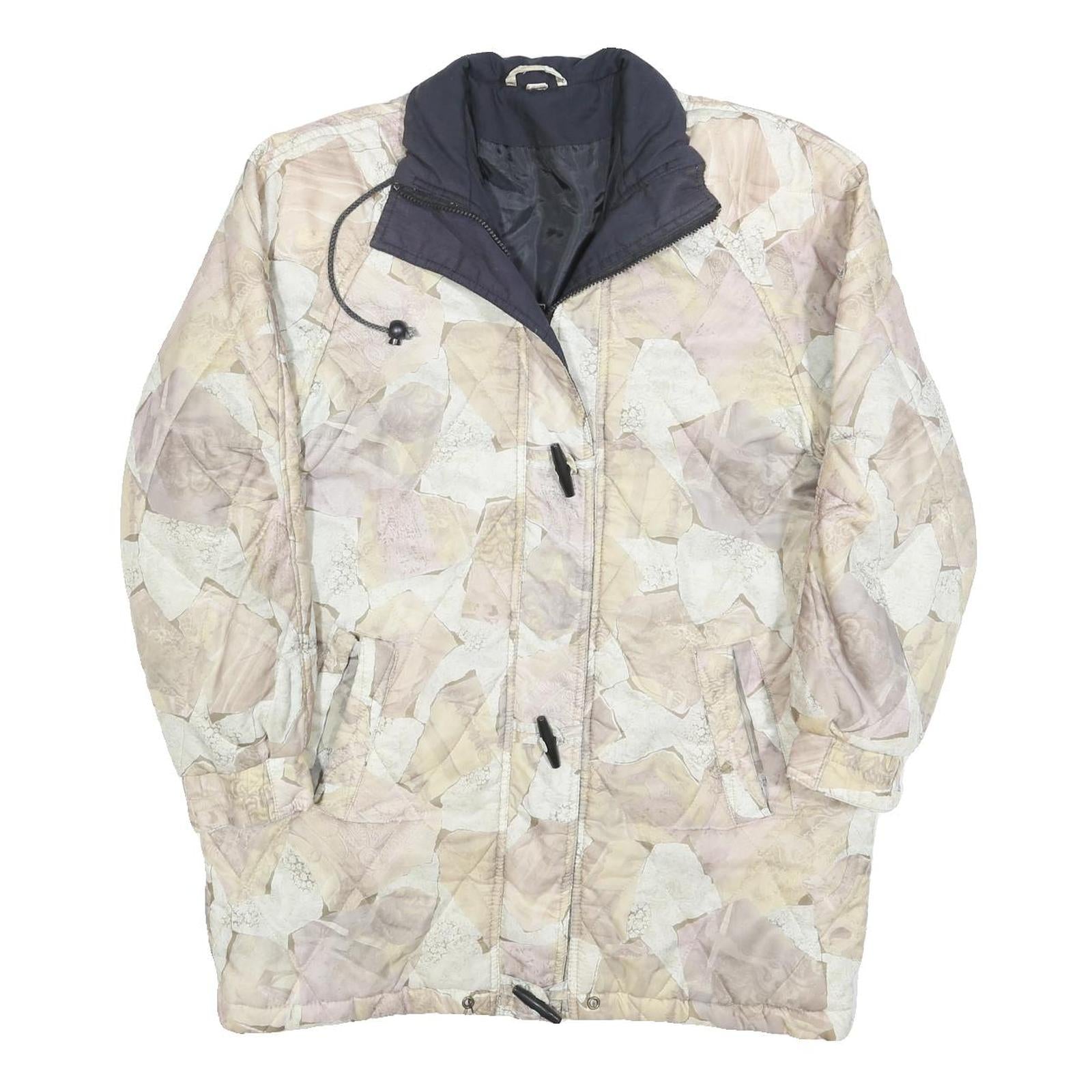 Womens Beige Polyester Blend Casual Zip Jacket L Patchwork Printed Coat