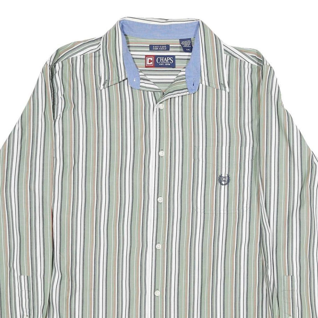 CHAPS Mens Green & White Striped Cotton Shirt L Classic Fit Casual
