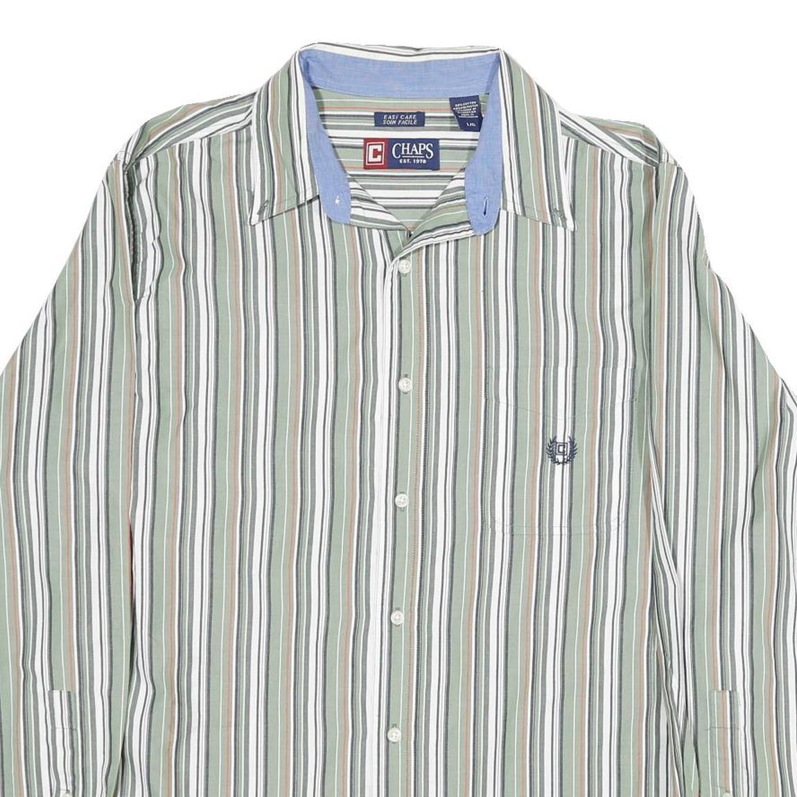 CHAPS Mens Green & White Striped Cotton Shirt L Classic Fit Casual