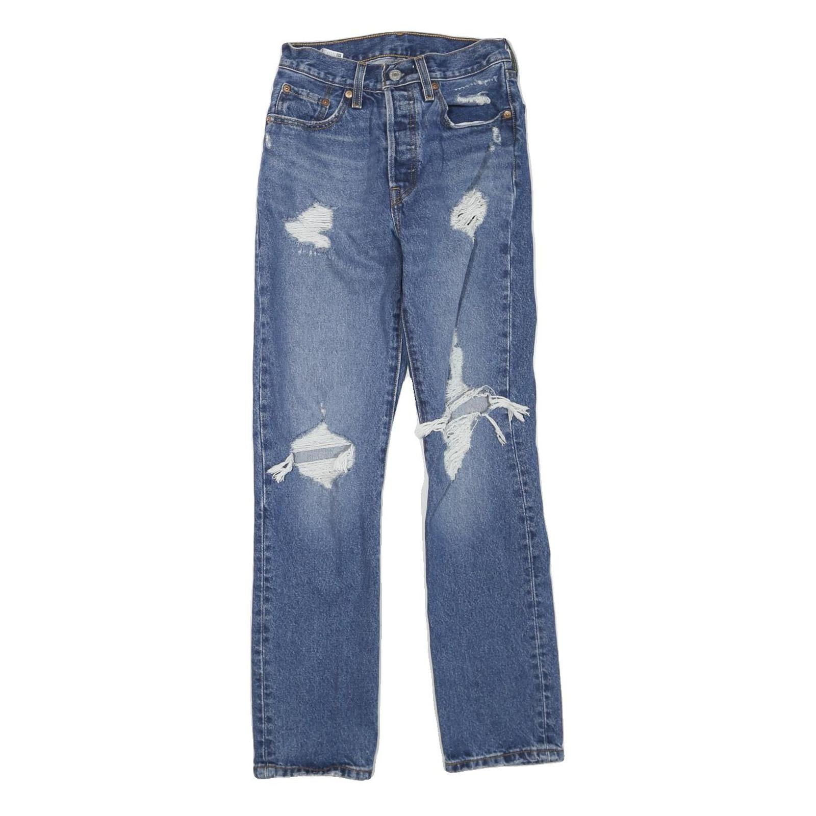 LEVI'S 501 Womens Regular Fit Straight Denim Stone Wash Jeans W24 L30 Distressed