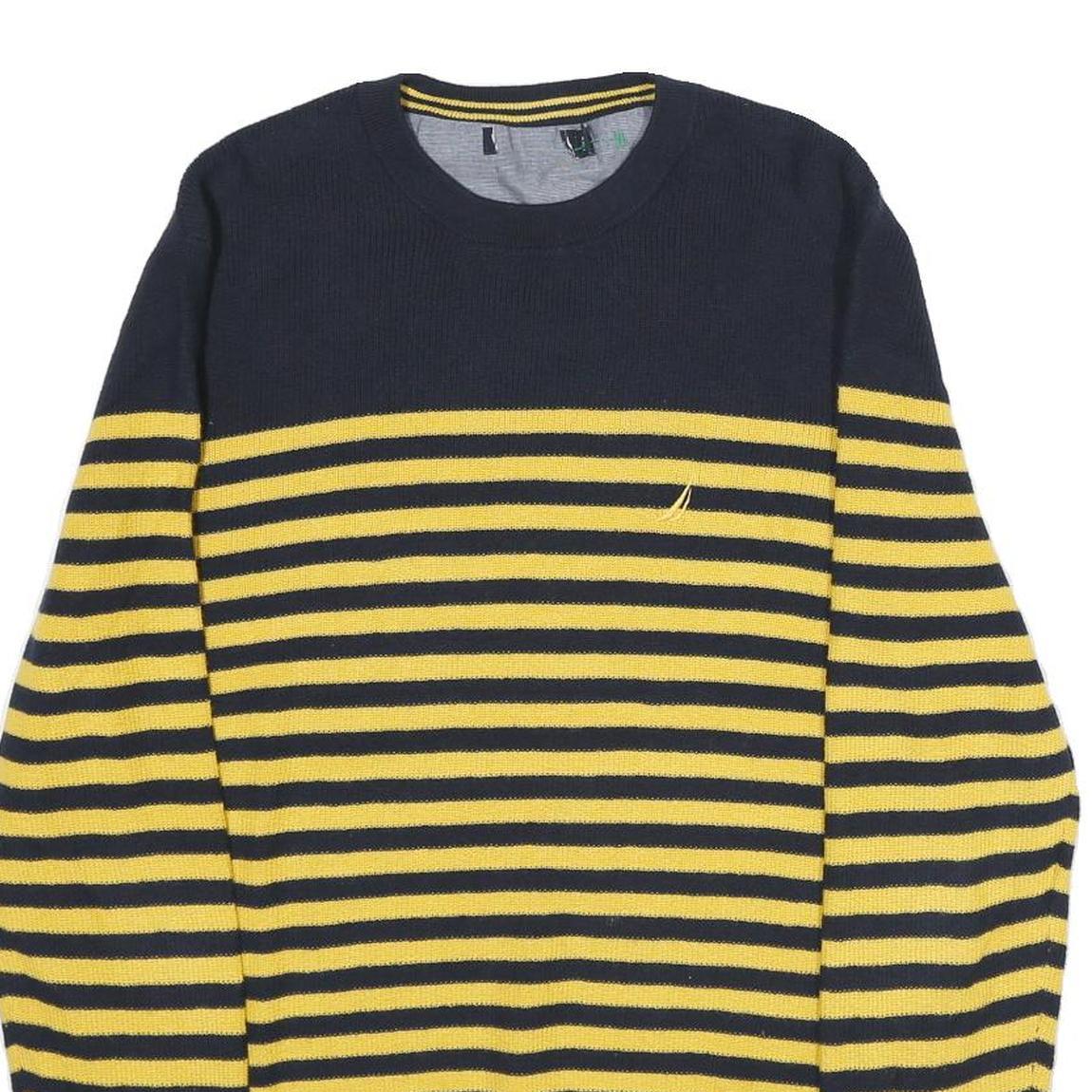 NAUTICA Mens Yellow & Navy Striped Pattern Cotton Blend Jumper Crew Neck Tight