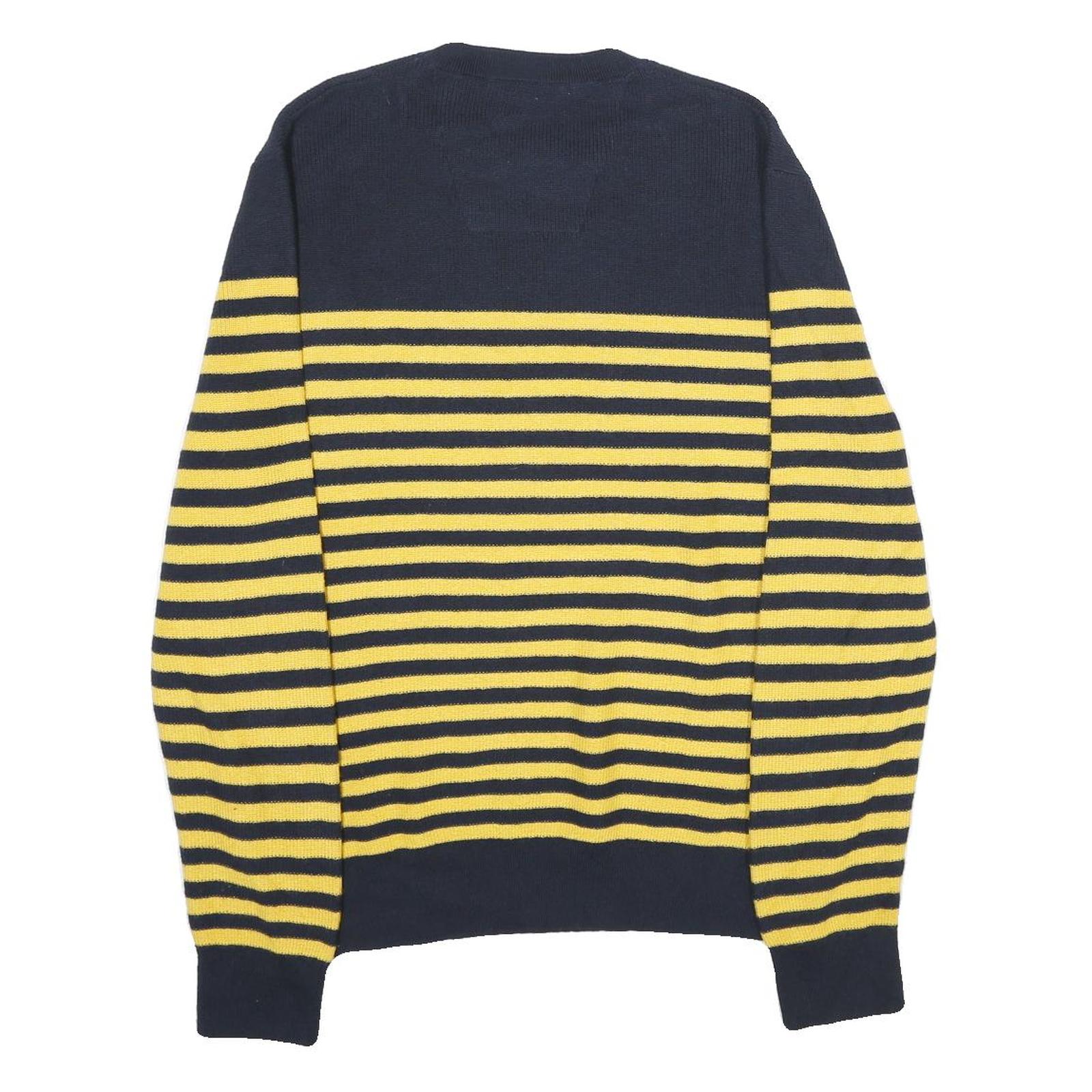 NAUTICA Mens Yellow & Navy Striped Pattern Cotton Blend Jumper Crew Neck Tight