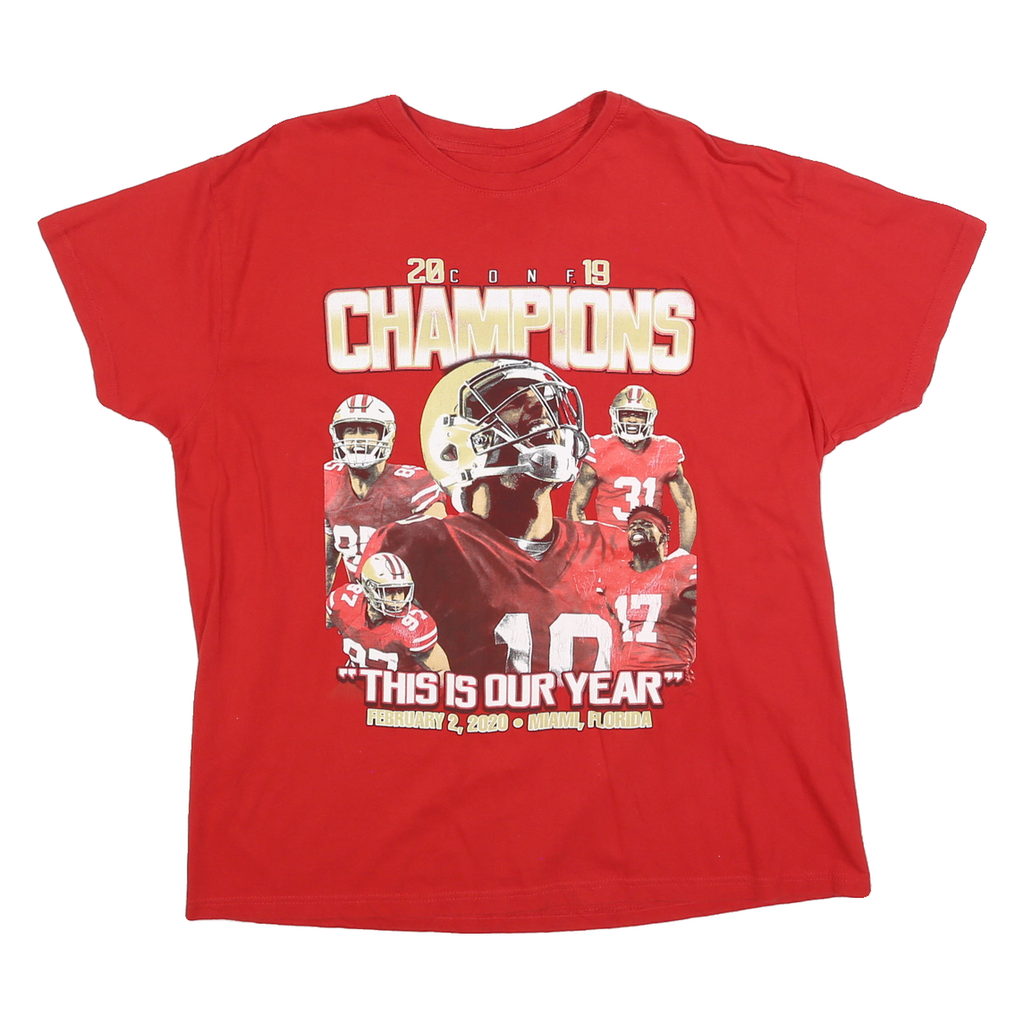 Womens Red Graphic Champions Print T-Shirt L Short Sleeve Crew Neck Cotton Blend