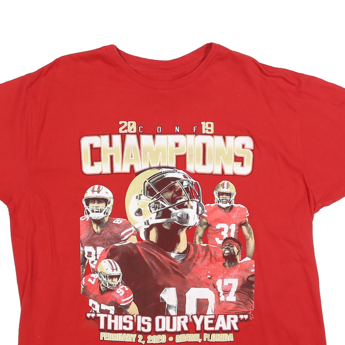 Womens Red Graphic Champions Print T-Shirt L Short Sleeve Crew Neck Cotton Blend