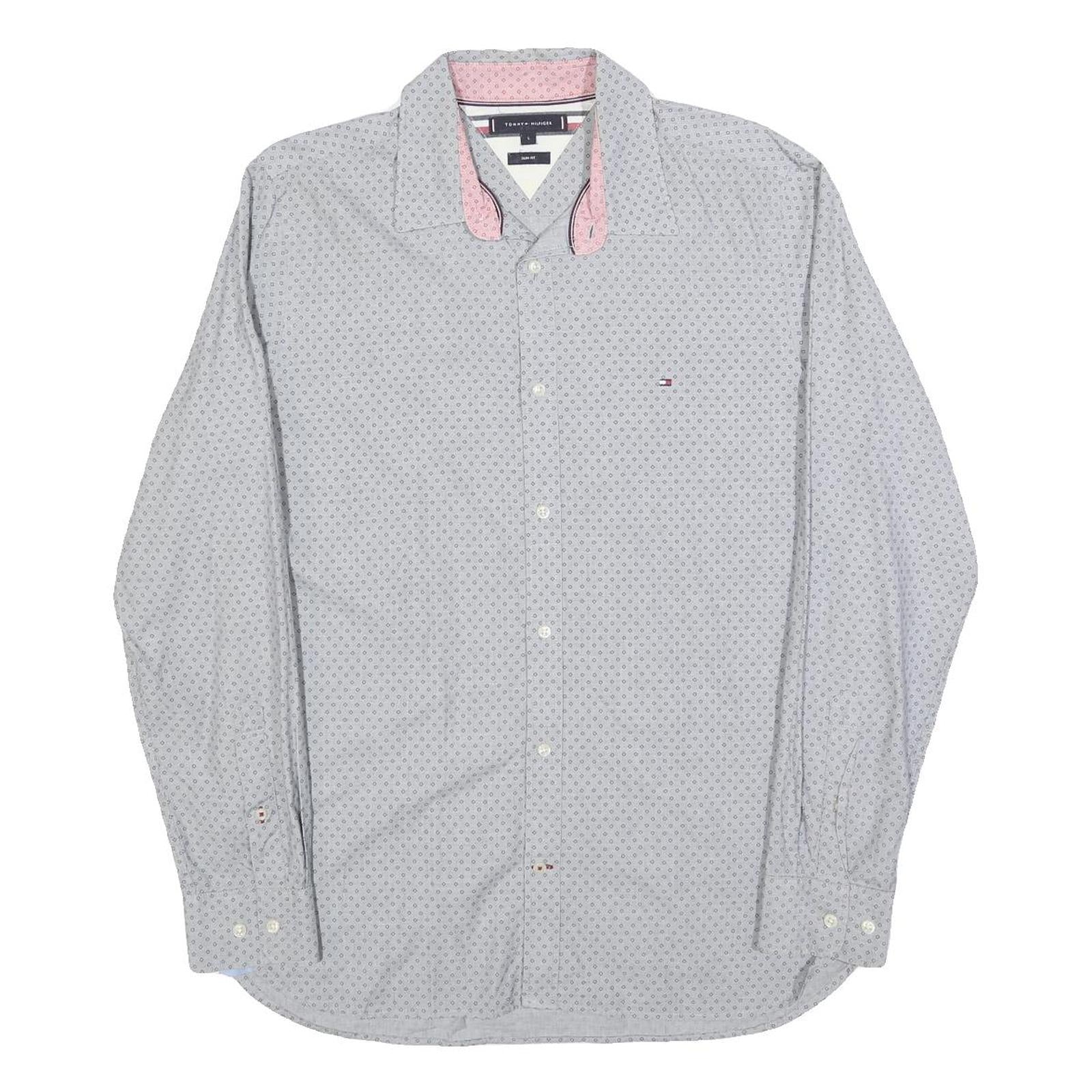 TOMMY HILFIGER Mens Grey & Pink Shirt L Slim Fit Cotton Blend Casual Shirt