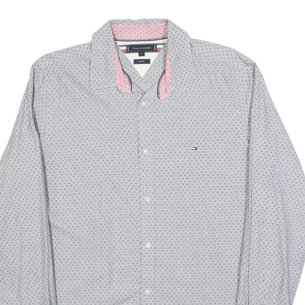 TOMMY HILFIGER Mens Grey & Pink Shirt L Slim Fit Cotton Blend Casual Shirt