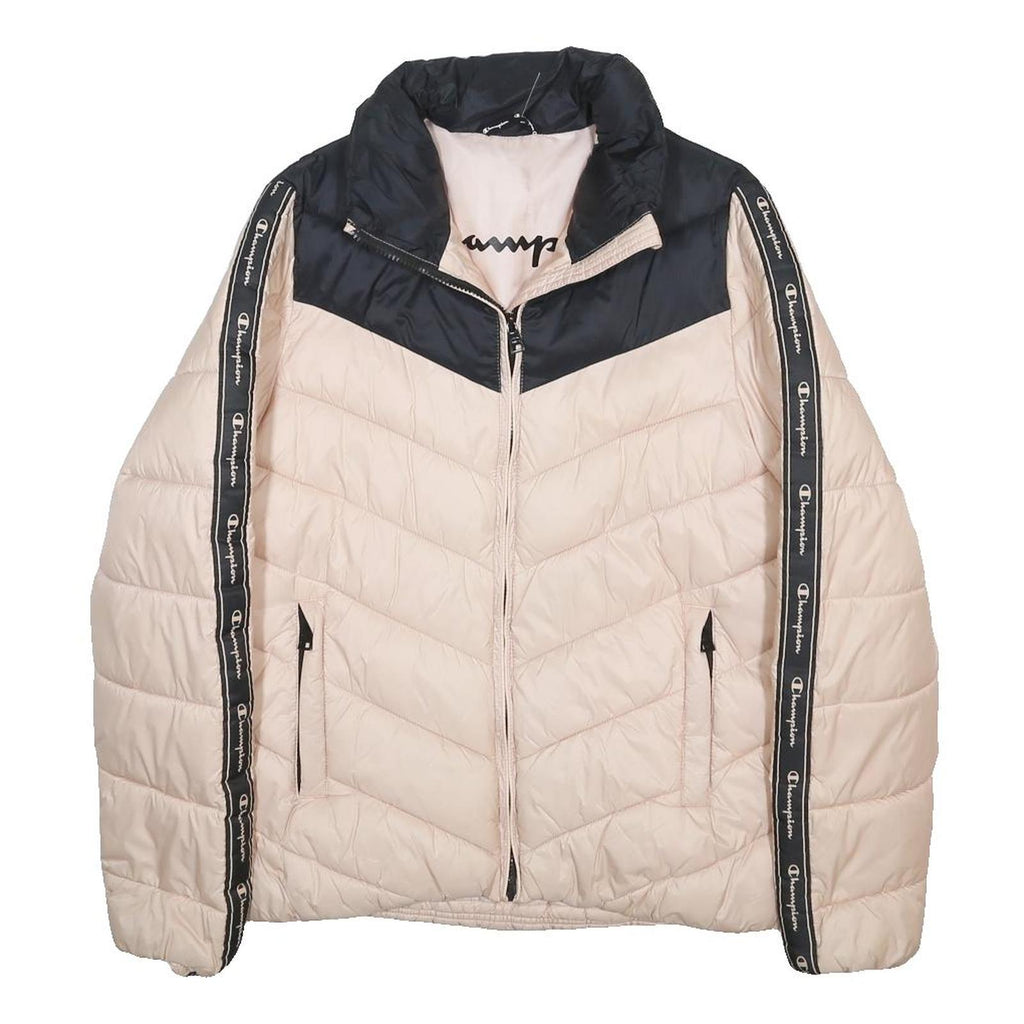 CHAMPION Womens Beige & Black Puffer Jacket M Polyamide Chevron Logo Tape Zip