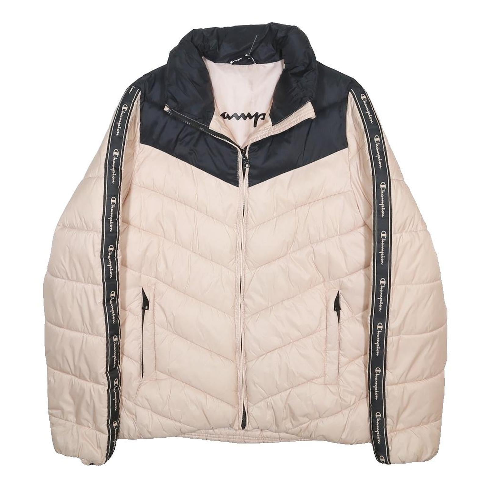 CHAMPION Womens Beige & Black Puffer Jacket M Polyamide Chevron Logo Tape Zip
