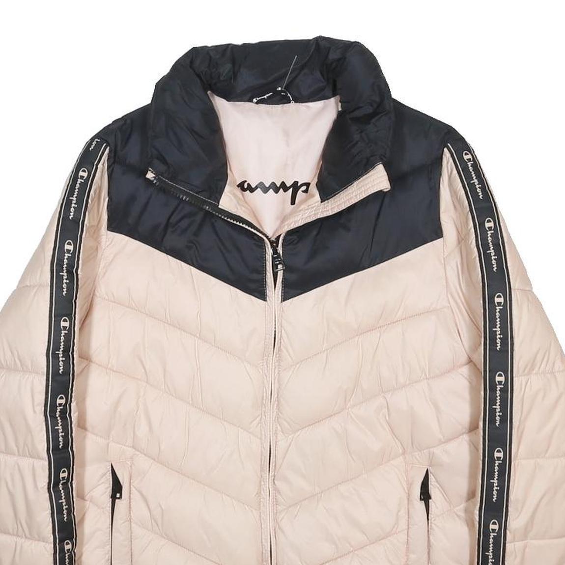 CHAMPION Womens Beige & Black Puffer Jacket M Polyamide Chevron Logo Tape Zip