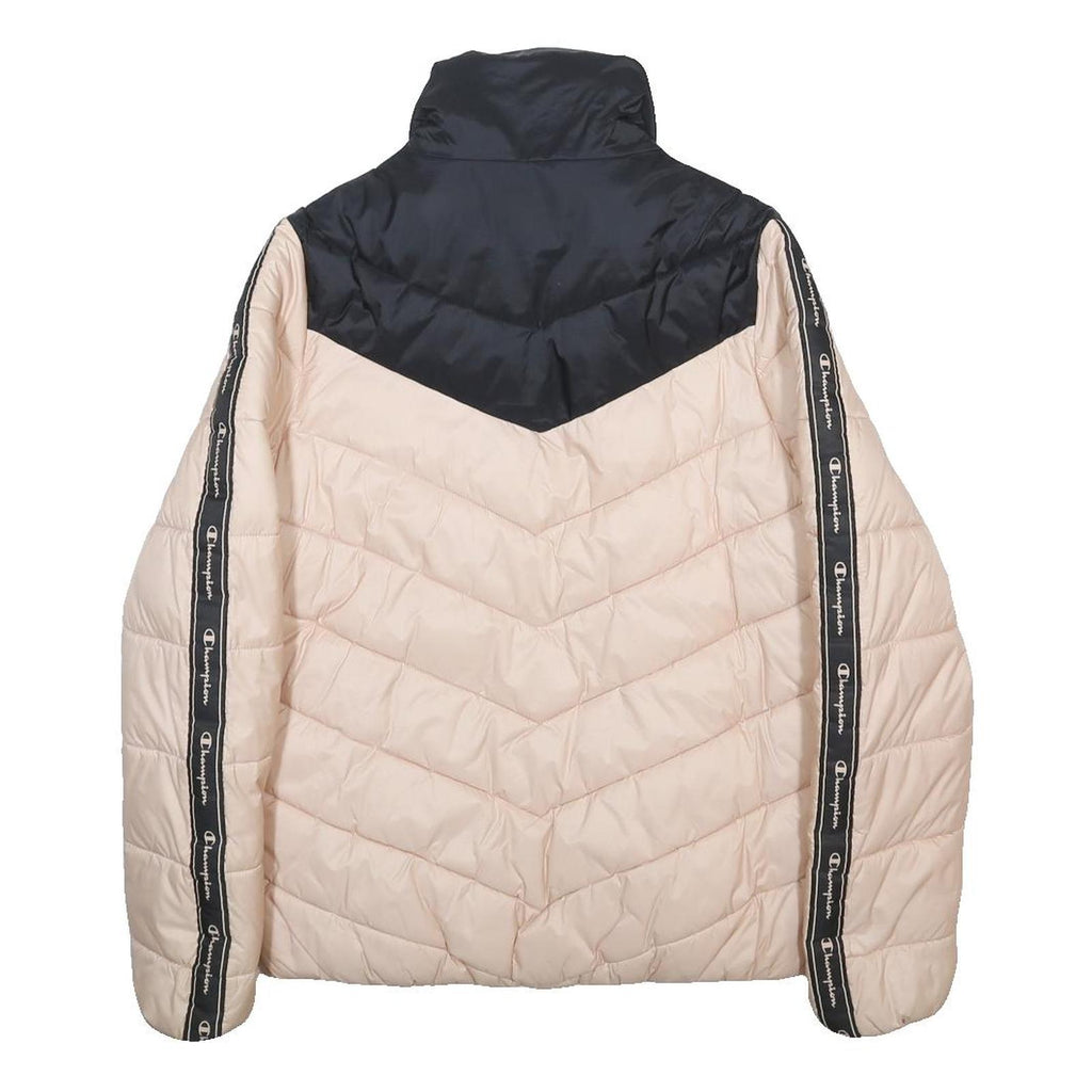CHAMPION Womens Beige & Black Puffer Jacket M Polyamide Chevron Logo Tape Zip