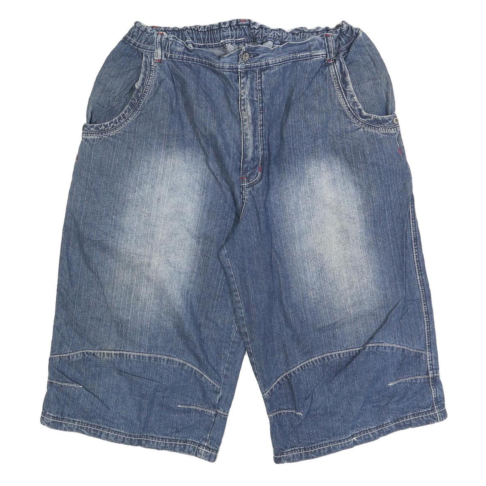 Mens Blue Casual Denim Cotton Blend Shorts M W32 Sport Embroidered Pocket