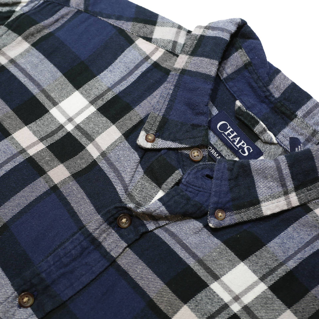 CHAPS Mens Blue Black & Grey Check Shirt L Classic Cotton Button Down