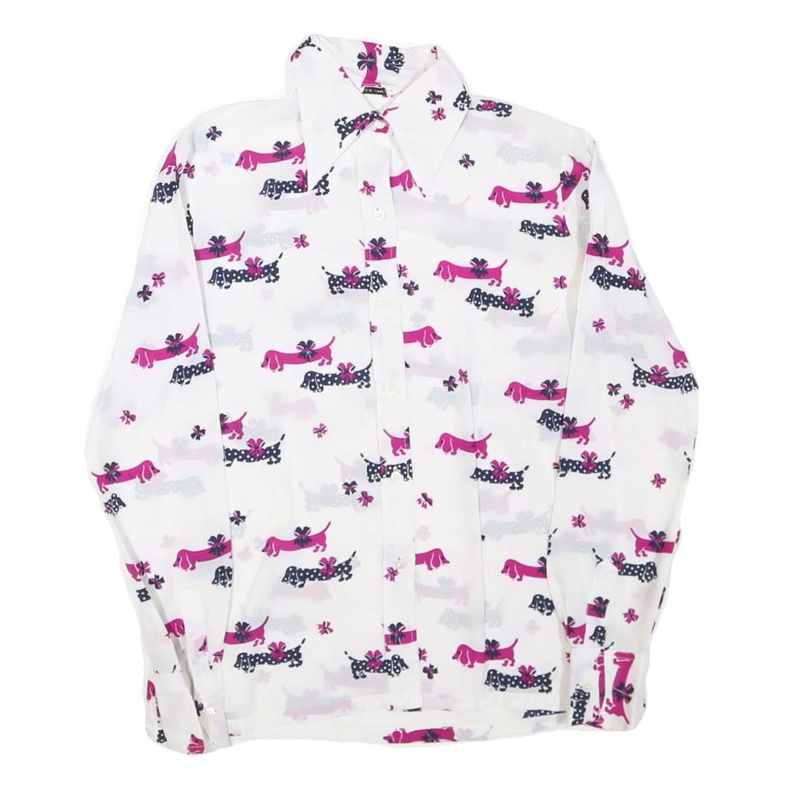 Womens White & Pink Dog Print Shirt Long Sleeve Point Collar S Polyester Blend
