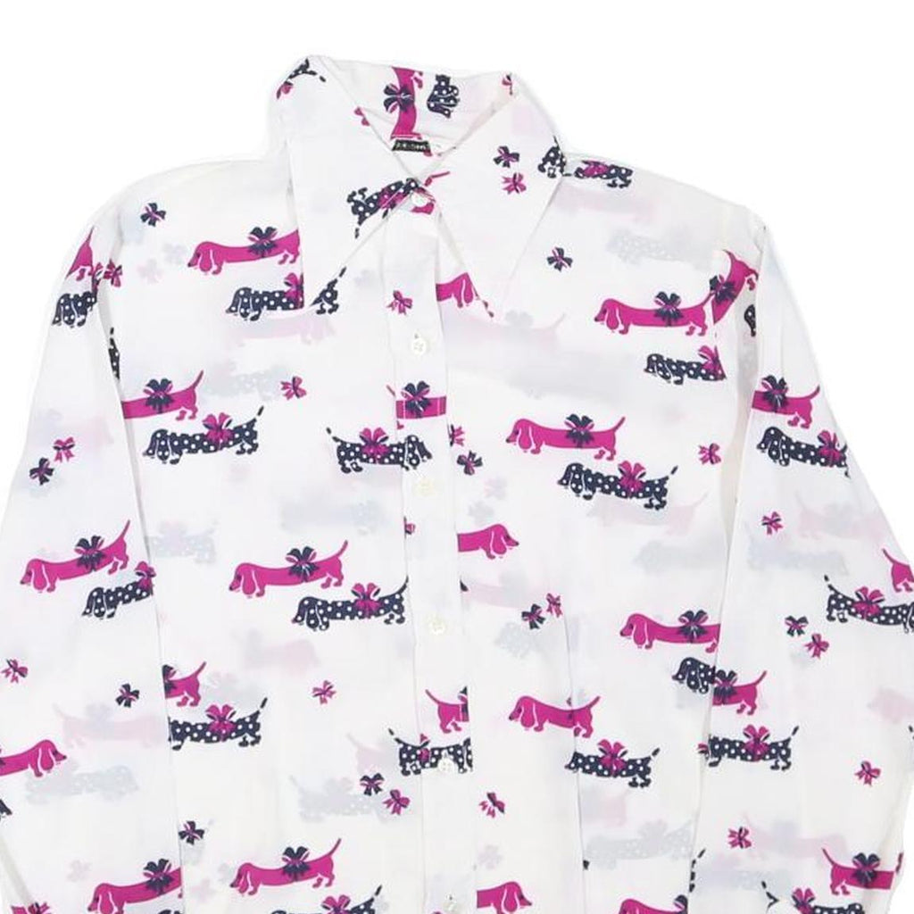 Womens White & Pink Dog Print Shirt Long Sleeve Point Collar S Polyester Blend