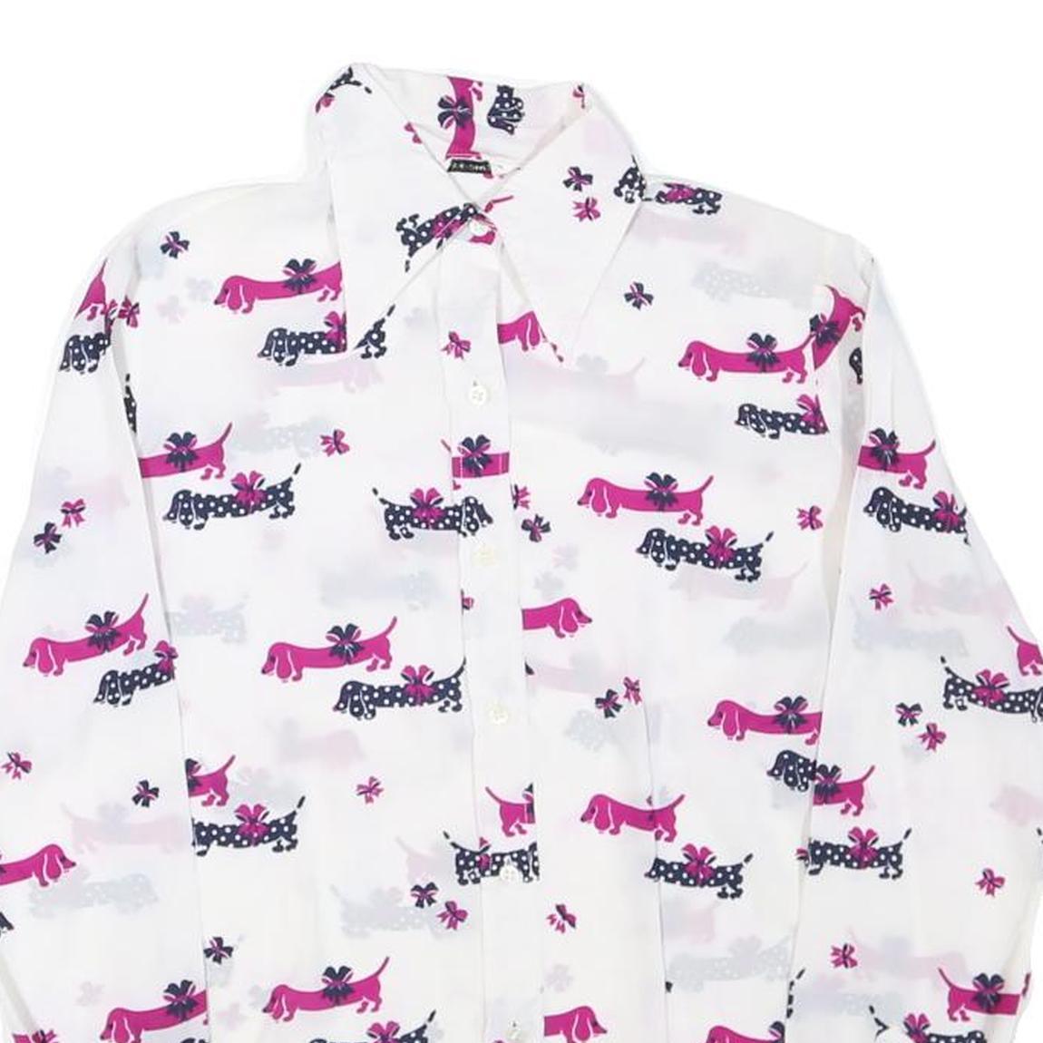 Womens White & Pink Dog Print Shirt Long Sleeve Point Collar S Polyester Blend