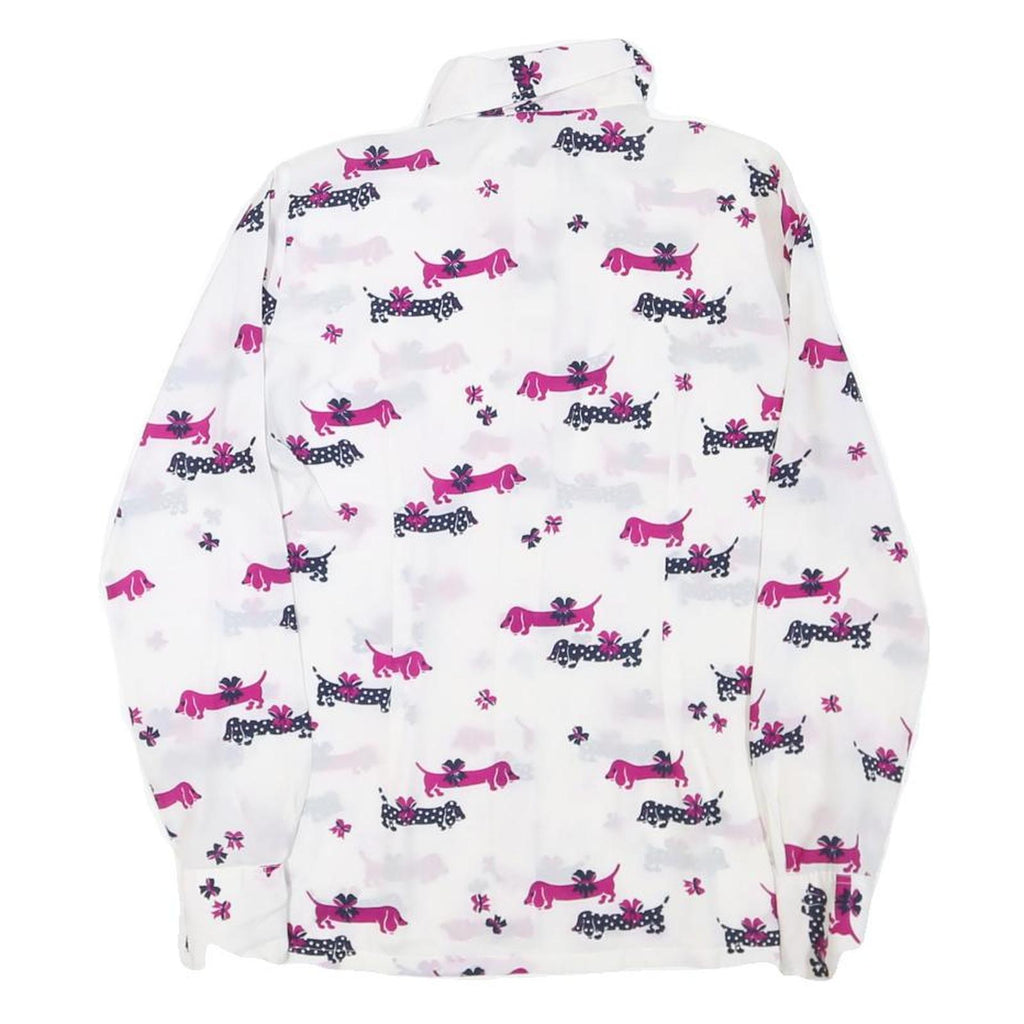 Womens White & Pink Dog Print Shirt Long Sleeve Point Collar S Polyester Blend