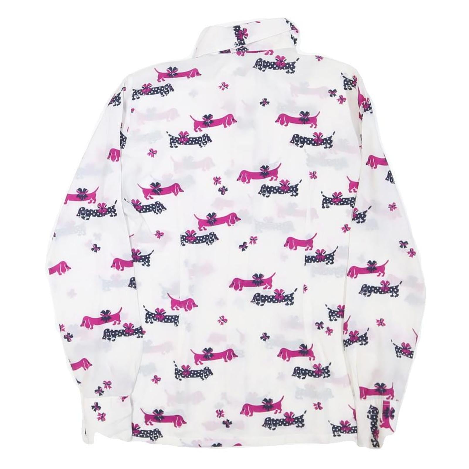 Womens White & Pink Dog Print Shirt Long Sleeve Point Collar S Polyester Blend