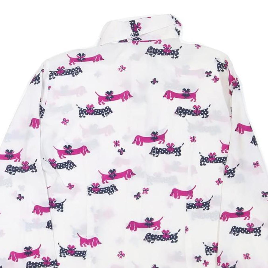 Womens White & Pink Dog Print Shirt Long Sleeve Point Collar S Polyester Blend