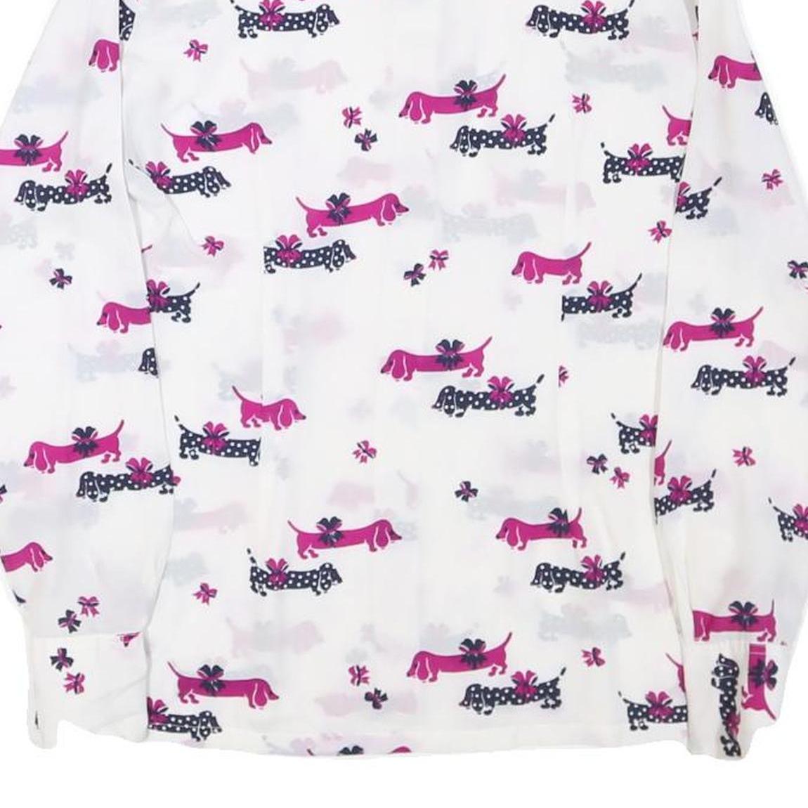 Womens White & Pink Dog Print Shirt Long Sleeve Point Collar S Polyester Blend