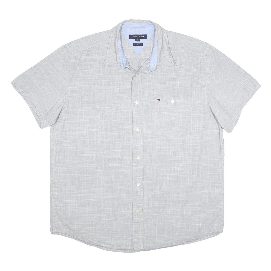 TOMMY HILFIGER Mens Grey Plain Short Sleeve Shirt L Casual Lightweight Cotton