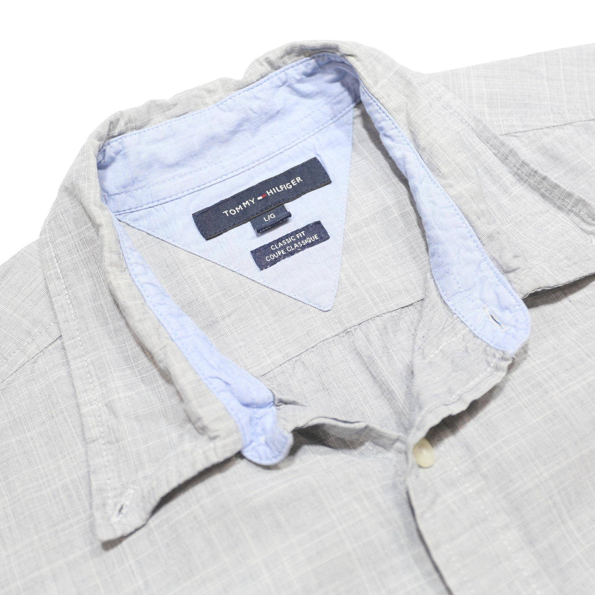 TOMMY HILFIGER Mens Grey Plain Short Sleeve Shirt L Casual Lightweight Cotton