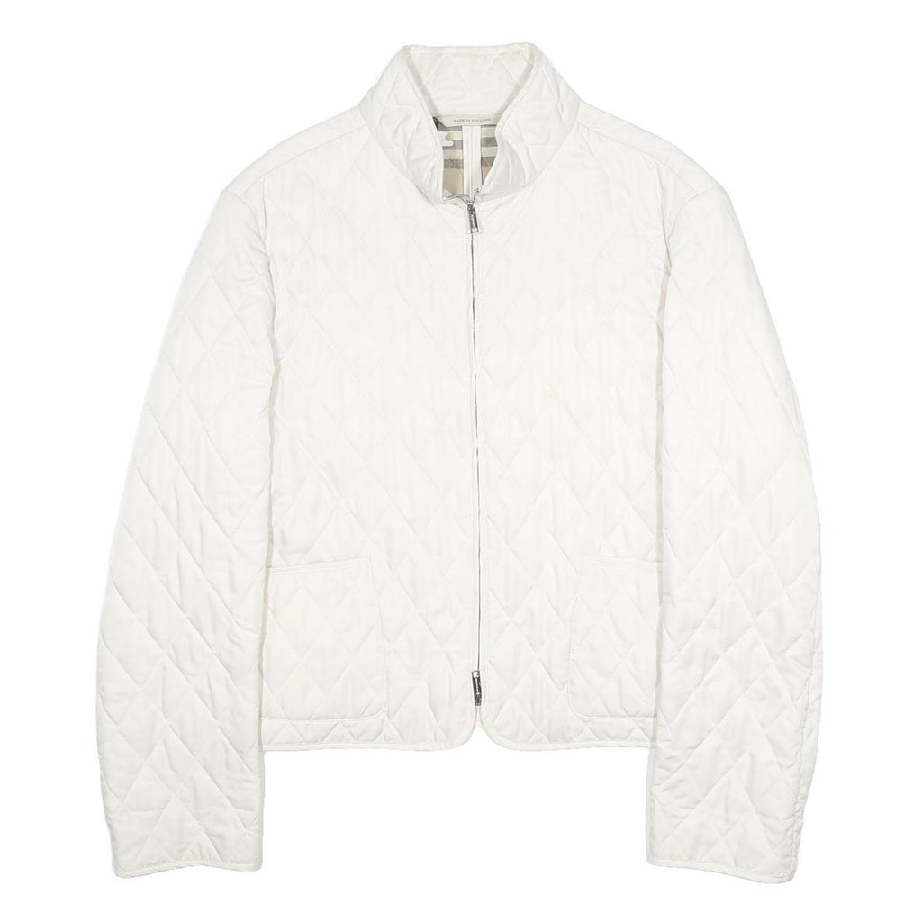 BURBERRY Womens White Quilted Jacket M Polyester Diamond Pattern Stand-Up Collar