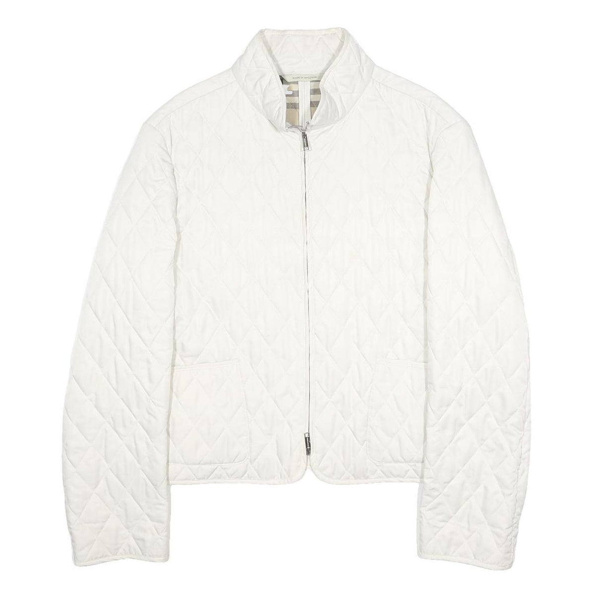 BURBERRY Womens White Quilted Jacket M Polyester Diamond Pattern Stand-Up Collar