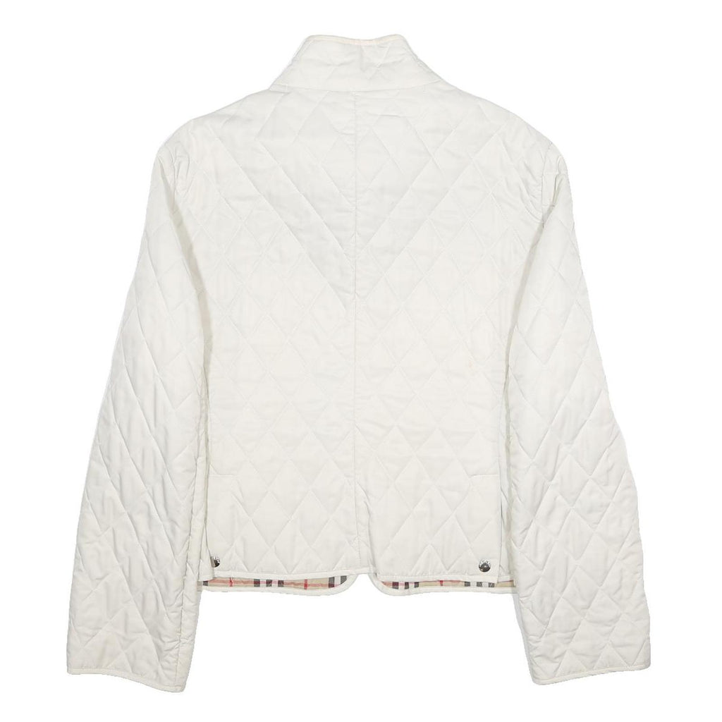 BURBERRY Womens White Quilted Jacket M Polyester Diamond Pattern Stand-Up Collar