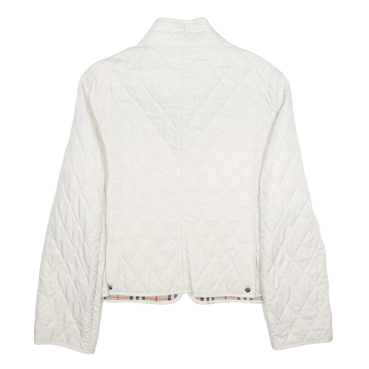 BURBERRY Womens White Quilted Jacket M Polyester Diamond Pattern Stand-Up Collar