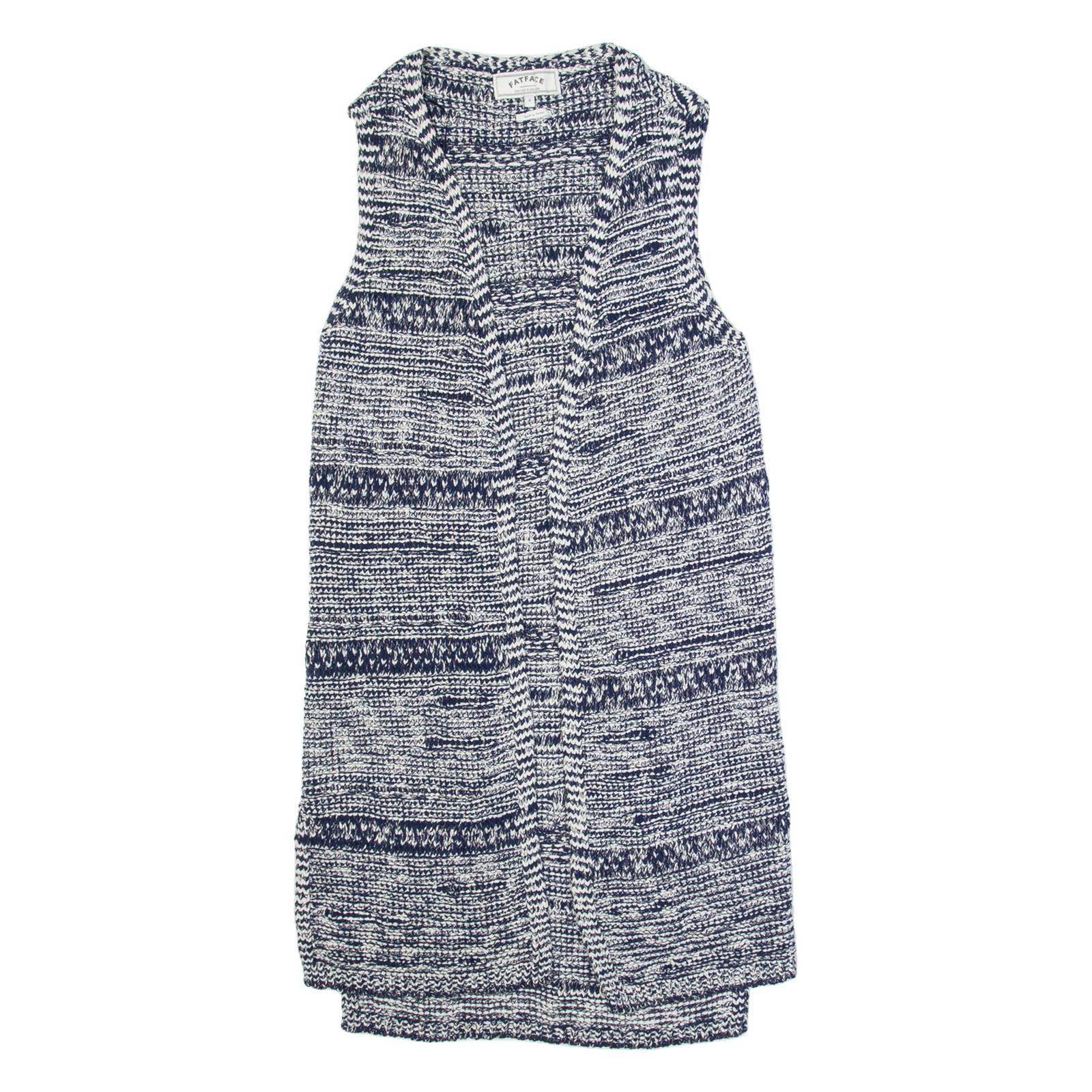FAT FACE Womens Patterned Cardigan Blue Striped Button Neck Chunky Knit Sleeveless S