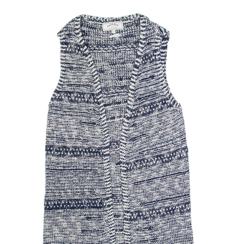 FAT FACE Womens Patterned Cardigan Blue Striped Button Neck Chunky Knit Sleeveless S