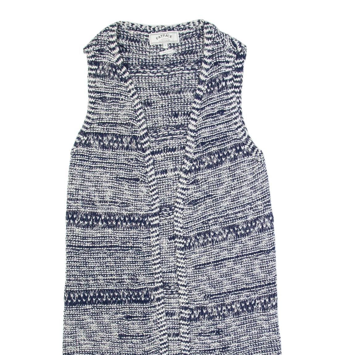 FAT FACE Womens Patterned Cardigan Blue Striped Button Neck Chunky Knit Sleeveless S