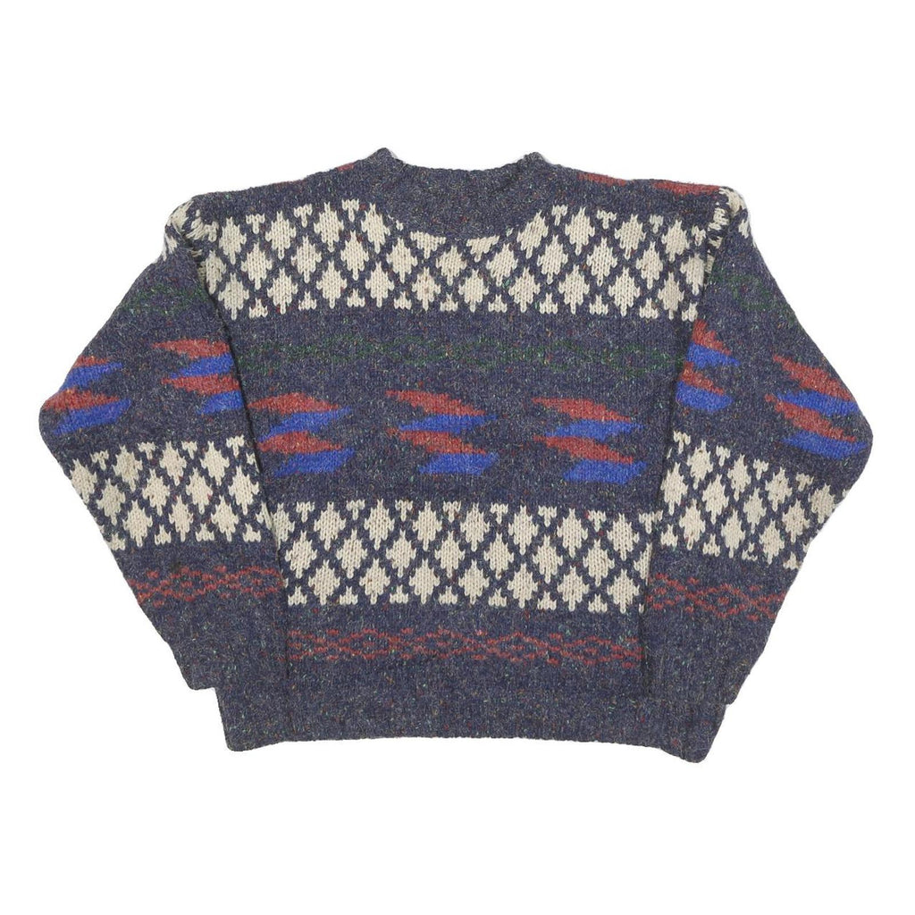 PAUSE Womens Blue Patterned Jumper Round Neck Chunky Knit S Wool Blend