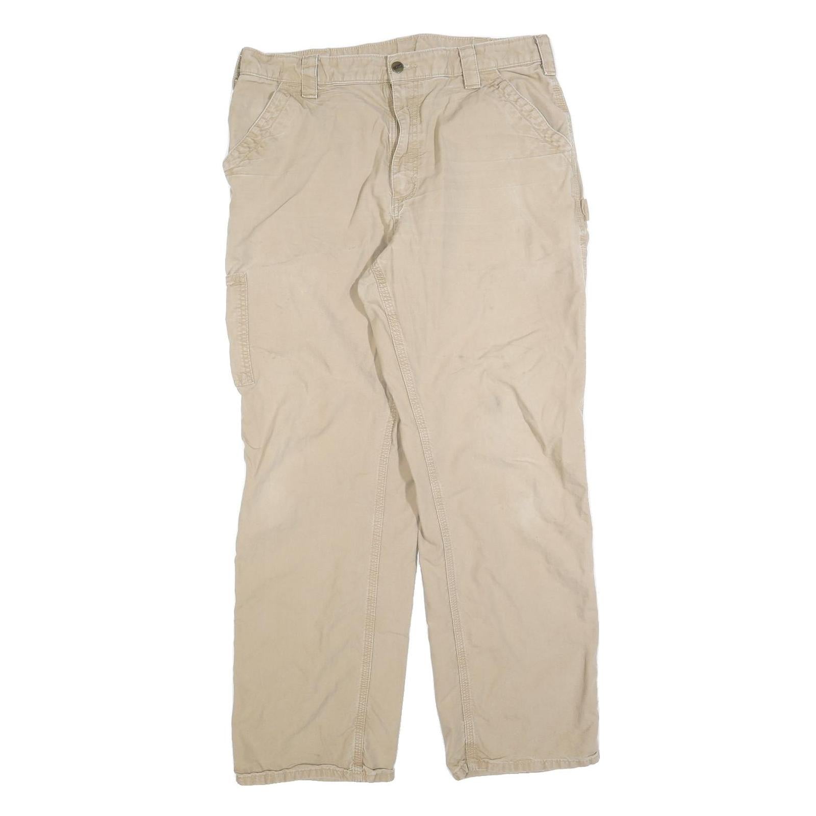 CARHARTT Mens Regular Beige Cotton Blend Trousers W36 L32 Workwear Zip Closure