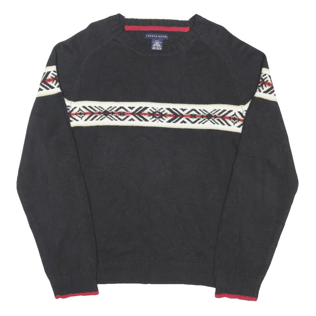 TOMMY HILFIGER Mens Black Patterned Cotton Blend Jumper Crew Neck Basic Knit L