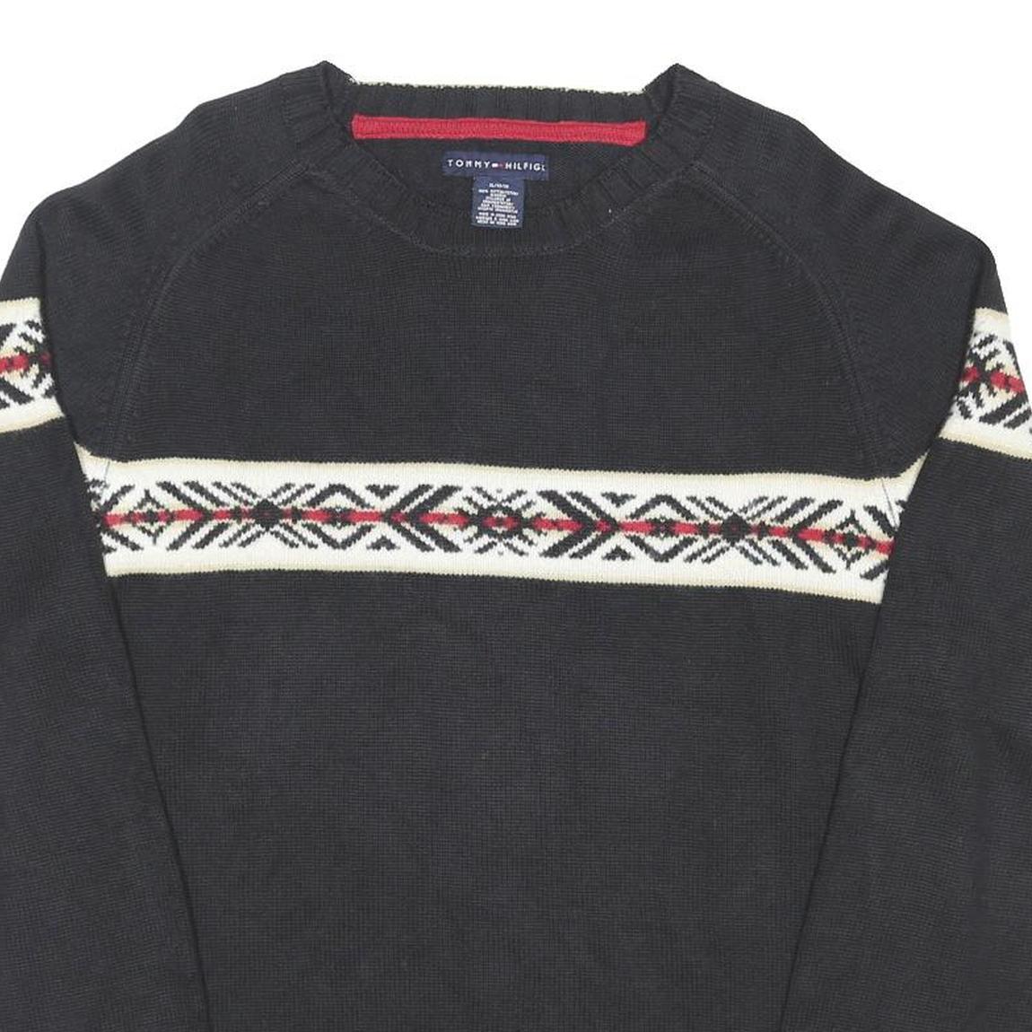 TOMMY HILFIGER Mens Black Patterned Cotton Blend Jumper Crew Neck Basic Knit L