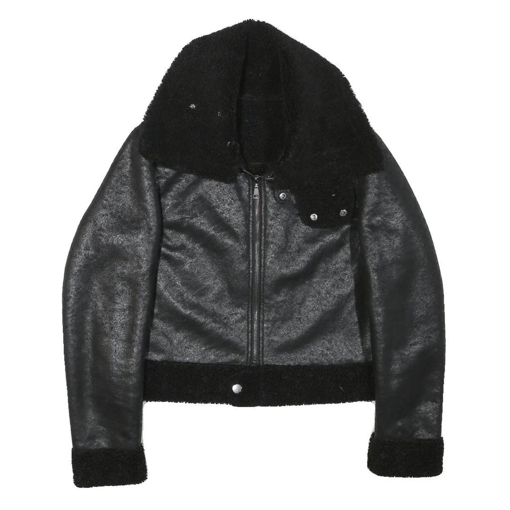 Womens Black Faux Shearling Collar Jacket XS Polyester Blend Zip Coat Outerwear