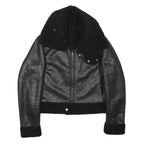 Womens Black Faux Shearling Collar Jacket XS Polyester Blend Zip Coat Outerwear