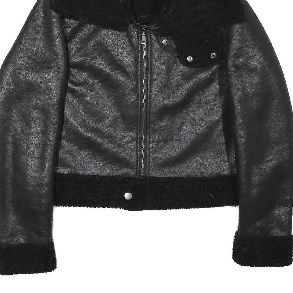 Womens Black Faux Shearling Collar Jacket XS Polyester Blend Zip Coat Outerwear
