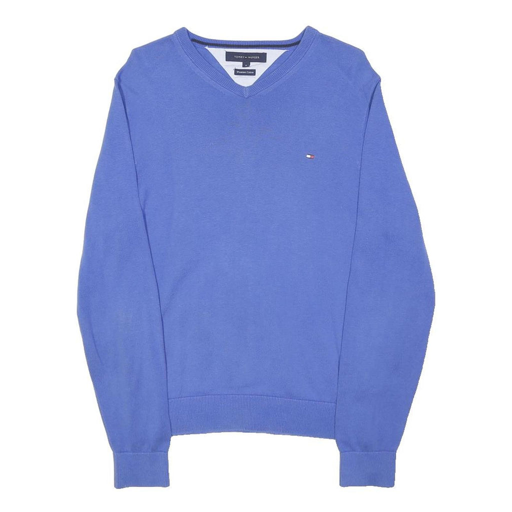 TOMMY HILFIGER Mens Blue Plain V-Neck Basic Knit S Cotton Jumper Lightweight