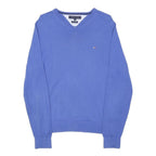 TOMMY HILFIGER Mens Blue Plain V-Neck Basic Knit S Cotton Jumper Lightweight